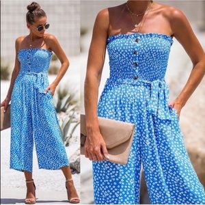 Vici Blue Print Strapless Smocked Jumpsuit